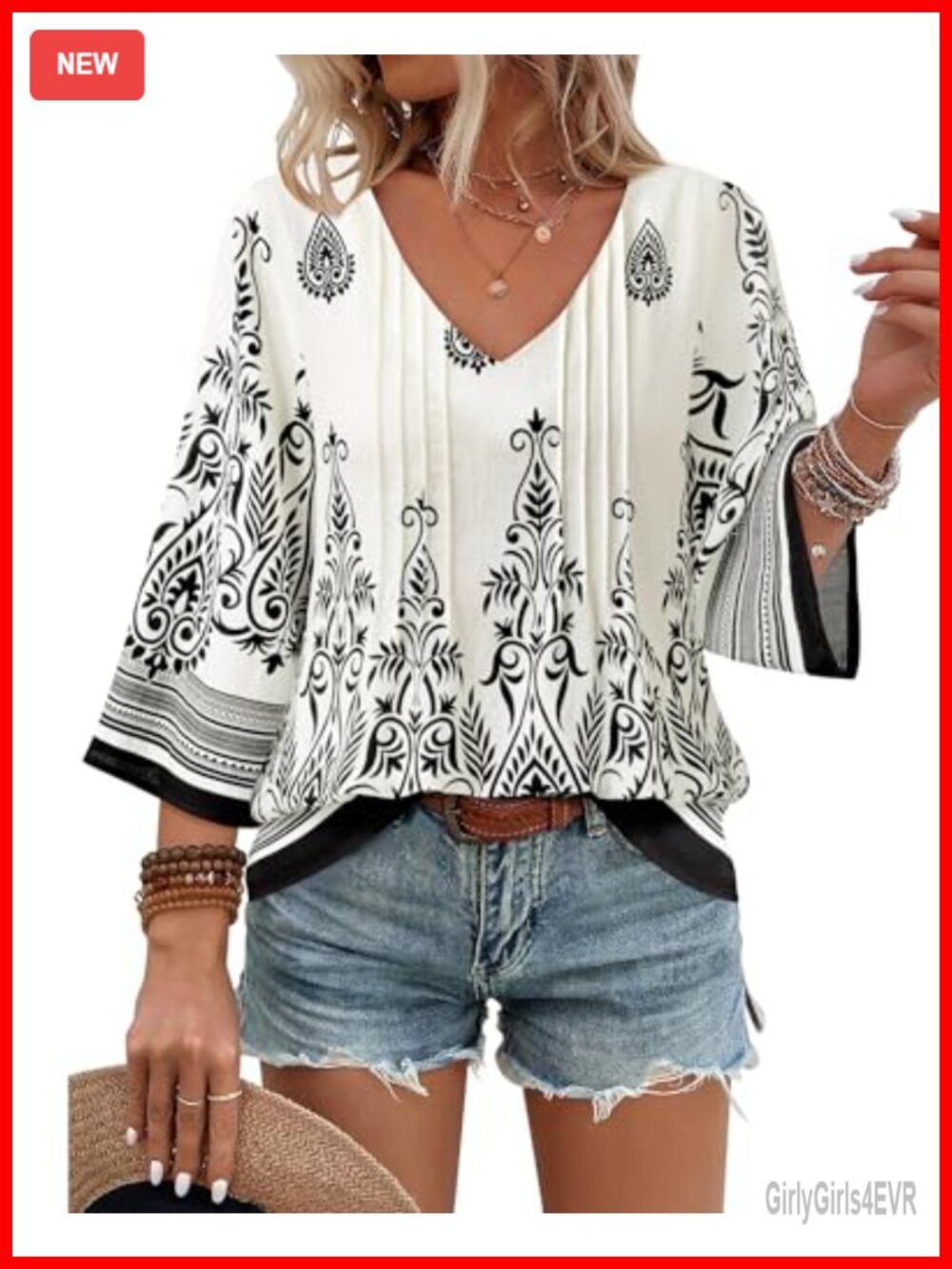 Womens V Neck 3/4 Bell Sleeve Boho Floral Tunic Top Loose Fit Blouse